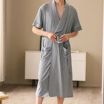 Модальная мужская домашняя одежда, кардиган с короткими рукавами, мужское кимоно средней длины, халат с поясом, Драпированная пижама, халат мужской