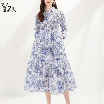 Y2K дизайн одежды повседневные винтажные миди длинные платья с принтом женская одежда traf весна осень вечернее платье с длинным рукавом Z