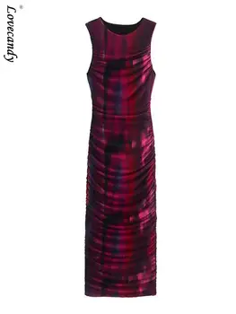 Женское платье из тюля с принтом на шелковой ширме и рюшами 2023, модное весеннее платье Макси без рукавов с высокой талией и круглым вырезом, плиссированная уличная одежда
