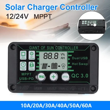 Водонепроницаемый Солнечный контроллер заряда 10A-60A MPPT 12 В/24 В Контроллер заряда Двойной USB Автоматический регулятор зарядного устройства панели солнечных батарей