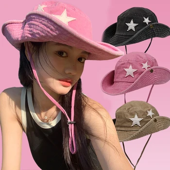 Женские панковские шляпы-ведерки Pink Stars в стиле ретро Y2K с большими полями, солнцезащитная кепка для альпинизма, весенне-летняя уличная мужская шляпа