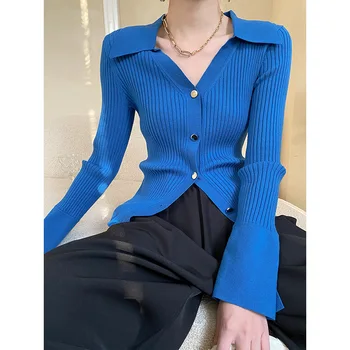Вязание синего цвета, модные женские весенние пуловеры, джемперы с длинными рукавами и пуговицами хорошего качества, женские кардиганы, топы