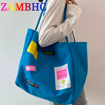 Модные сумки через плечо с надписью большой емкости, высококачественные холщовые сумки через плечо для женщин, летняя новая женская сумка для покупок, простая дорожная сумка