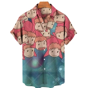 Нейтральная мужская рубашка 2023 года с гавайской анимацией, 3D принтом, короткий рукав, модная мужская рубашка из аниме на одной пуговице, свободный топ 5xl
