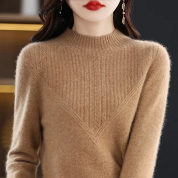 Свитер из 100% мериноса, женский пуловер с высоким воротом, нижняя рубашка свободной вязки, осенне-зимний кашемировый топ с длинным рукавом