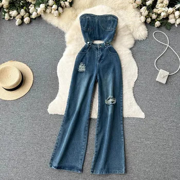 Женские летние джинсовые топы без бретелек Amolapha + Комплекты одежды с высокой талией и широкими штанинами с отверстиями
