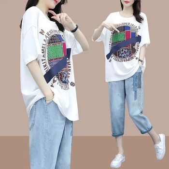 Летние женские комплекты большого размера, футболка с коротким рукавом и надписью 