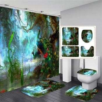 3D Принт Цветы Занавеска для ванны Павлины Занавески для ванной комнаты из полиэстеровой ткани Цветочные занавески для душа Водонепроницаемый экран с крючками