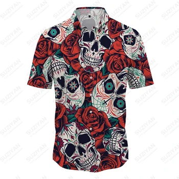 2023, Хит продаж, Гавайские рубашки, мужские рубашки с черепом, Фрагментированный цветок, 3D Печать, Рубашки с коротким рукавом, Свободные, дышащие, большого размера