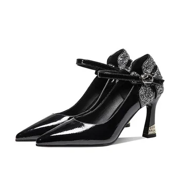 Женские модные Милые Черные туфли на высоком каблуке из натуральной кожи с ремешком и пряжкой, женские милые вечерние туфли-лодочки винно-красного цвета, Zapatos De Mujer G247