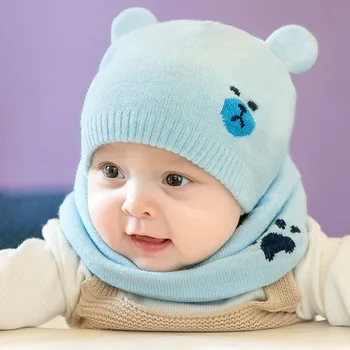 2шт/набор милый медведь уха, ребенок шляпа шарф теплая зима осень новорожденных вязаная шапка Шапочка мультфильм крючком для новорожденных мальчик девочка шапки шарфы