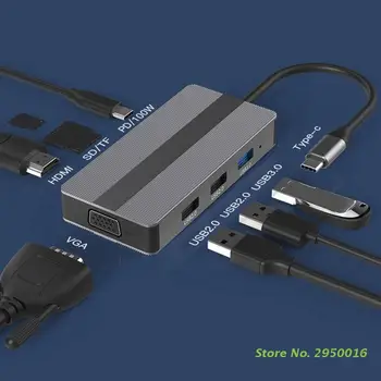 Многофункциональная док-станция USB C 8 в 1 Концентратор Type C, совместимый с HDMI + VGA + 3 x USB + Устройство чтения карт TF/SD + Адаптер PD мощностью 100 Вт