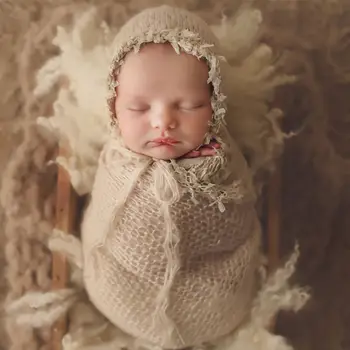 2 шт. /компл. Кружевная накидка со шляпой, Милая эластичная Мягкая Мохеровая кисточка, Детское одеяло, Одежда, костюм для фотосъемки новорожденных