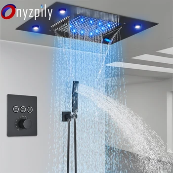 Черный светодиодный термостатический современный потолочный душ для ванной комнаты, меняющий цвет, ванна с дождевым водопадом, скрытое крепление, Роскошная 3-сторонняя система