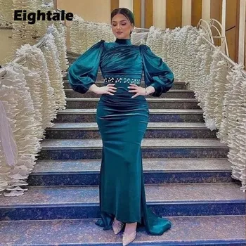 Арабские вечерние платья Eightale, Мусульманское Вечернее платье с высоким воротом, расшитое бисером, С длинными рукавами, Зеленое платье-Русалка для выпускного вечера, vestidos elegantes para mujer