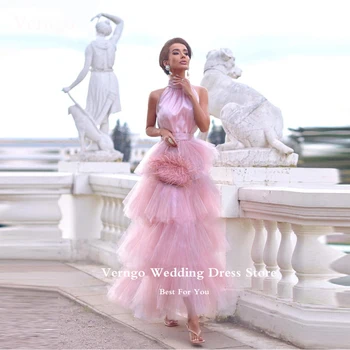 Verngo Элегантные платья для выпускного вечера из розового тюля с жемчугом и высоким воротом, атласный топ, многослойные вечерние платья длиной до щиколоток, торжественная вечеринка