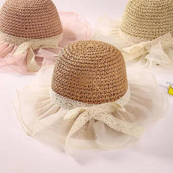 Новая модная кружевная детская шляпка, Летняя соломенная шапочка с бантом для маленьких девочек, Пляжная Детская панама, детские шляпки принцессы и кепки для детей 1ШТ