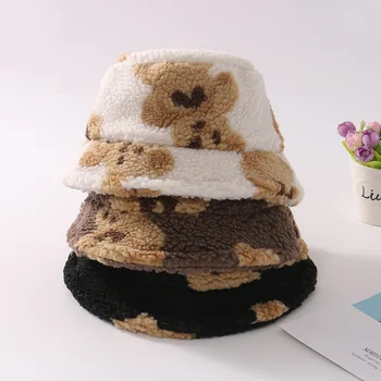 Осень Зима, детская Утолщенная Рыбацкая шляпа для малышей, маленькие мальчики и девочки, Мультяшный Медвежонок, Плоская Ветрозащитная теплая Кепка-Ведро