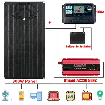Инвертор мощностью 3000 Вт, система солнечных панелей мощностью 300 Вт, автомобильный преобразователь от 12 В до 110/220 В, ЖК-дисплей 150A, солнечный контроллер для бытовой техники