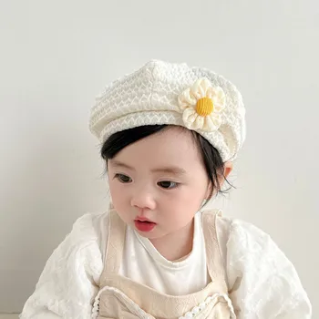 Милый берет для маленьких девочек, однотонная детская шапочка-бини с цветочным рисунком, весна-лето, Корейский стиль, цветочная шапочка-тыква для малышей