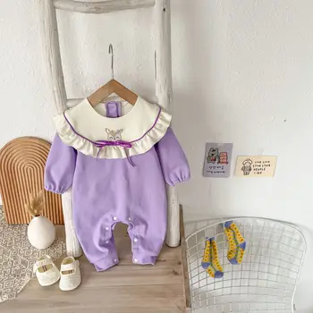 2-цветной комбинезон для новорожденных, одежда для девочек с вышивкой мультяшных животных, хлопковые комбинезоны для новорожденных, одежда для детей 0-24 месяцев
