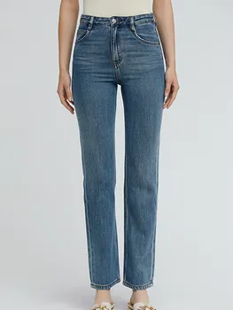 Хлопковые женские джинсы с высокой талией, Простые, Весна-лето 2023, Универсальные женские джинсовые Длинные брюки