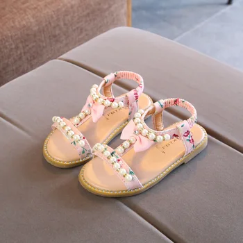 Летние винтажные сандалии принцессы для девочек с цветочным бантом и жемчугом, летняя обувь для девочек, Детская обувь