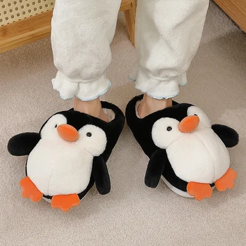 Детский милый пингвин, детская домашняя хлопчатобумажная обувь, теплые домашние детские Мягкие нескользящие меховые тапочки, Мультяшные зимние тапочки, плюшевая обувь для девочек