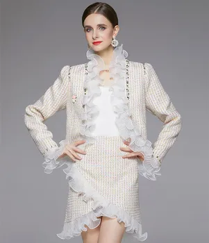 Новое твидовое пальто-сетка в стиле пэчворк Осень-зима 2022 + элегантный костюм с юбкой