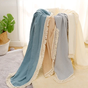 Хлопчатобумажные пеленальные одеяла для новорожденного с кисточками, покрывало для новорожденных, одеяло для сна, покрывало для младенцев