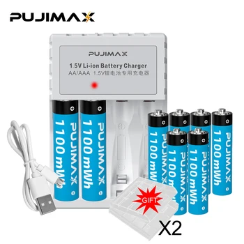 Комплект Литий-ионных Аккумуляторов PUJIMAX 1.5V AAA 1100mWh + 4 Слота USB High Power Smart Multi USB и Type-c Plug