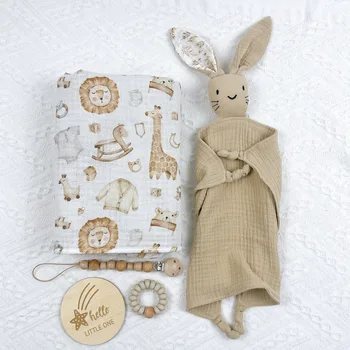 Одеяло для новорожденного с вафельным Хлопчатобумажным марлевым принтом, основа для пеленания ребенка, Милое Успокаивающее полотенце с кроликом, Подарочный набор детских принадлежностей