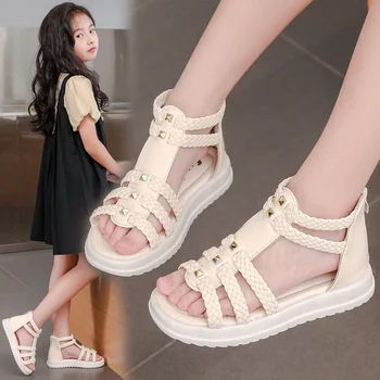 Летние новые модные сандалии для девочек; однотонные туфли принцессы на мягкой подошве; Детская удобная нескользящая пляжная обувь;