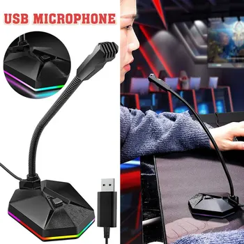 Металлический USB-микрофон Gooseneck RGB Gaming Mic для Портативных ПК Студийный Микрофон Веб-трансляции Одна клавиша Для Отключения звука/Включения