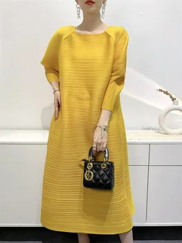 Женские вечерние платья Miyake Плиссированные летние модные свободные желтые платья большого размера с круглым вырезом и рукавами-пузырями