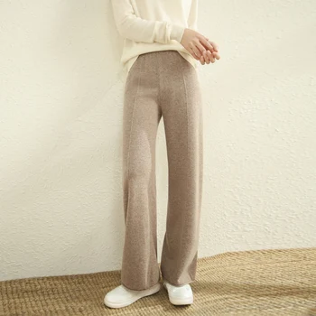 Широкие брюки из 100% шерсти Мериноса, однотонные трикотажные женские теплые брюки, Осень-зима, Новинка.