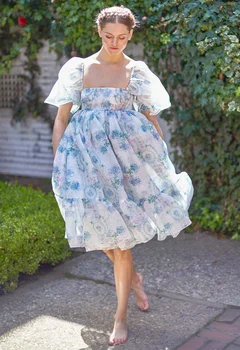 Летнее Мини-платье принцессы с пышными рукавами-пачками, Женское платье с цветочным принтом, Короткий Квадратный вырез, сексуальные платья для вечеринки, Вечернее бальное платье