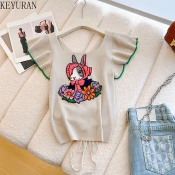 Летний вязаный свитер 2023 года, Женская винтажная футболка с квадратным вырезом на спине и завязками, женская тонкая укороченная футболка с вышивкой в виде кролика и цветка