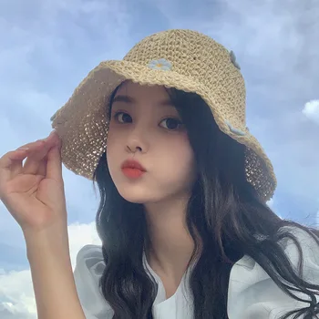 Новая японская солнцезащитная шляпа с большими полями, женская летняя соломенная шляпа ручной работы, защита от солнца, Маленький цветок, милая Дикая шляпа-ведро Tide