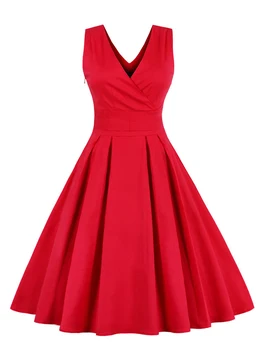 2023 Негабаритное 3XL 4XL Красное Плиссированное Однотонное Винтажное Платье Для Женщин С V-образным Вырезом И Поясом, Элегантные Вечерние Хлопковые Летние Платья в стиле Ретро