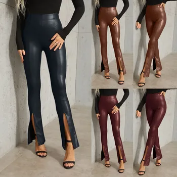 Сексуальные Обтягивающие брюки-карандаш из искусственной кожи Стрейч, женские Однотонные брюки из искусственной кожи с разрезами на штанинах, брюки с высокой талией