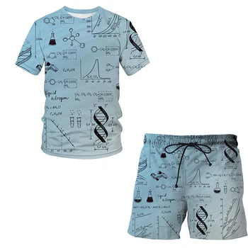 Забавная мужская футболка с 3D-принтом и шорты с научной формулой, мужская спортивная одежда, спортивный костюм с круглым вырезом и коротким рукавом, летний пляжный комплект