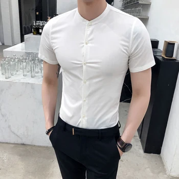 Воротник-стойка Хлопчатобумажные Белые Элегантные рубашки для мужчин, приталенная Джентльменская блузка с воротником-стойкой, Корейская стильная Винтажная одежда Серого цвета