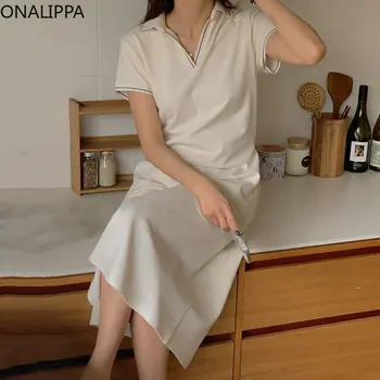 Onalippa, Маленькое Свежее Простое платье миди с отложным воротником и короткими рукавами, Свободные платья, Корейский модный Прямой Свободный пуловер Для женщин
