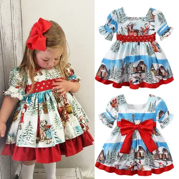 2022 Рождественское платье первой необходимости для маленьких девочек, одежда с рюшами, милое платье-пачка принцессы с кружевным красным бантом на День рождения, детские рождественские костюмы