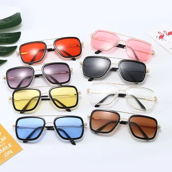 Солнцезащитные очки в квадратной металлической оправе в стиле ретро для детей, модные линзы ярких цветов, детские очки в стиле панк для мальчиков и девочек с UV400 оттенками