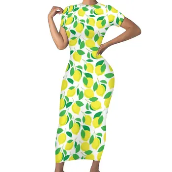 Облегающее платье с фруктовым дизайном, женские лимоны и листья, стильные макси-платья, праздничное платье с коротким рукавом, уличная мода, графическое платье