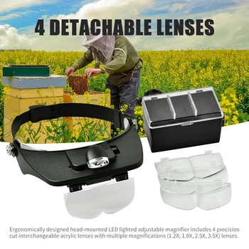 Оборудование для пчеловодства, повязка на голову, увеличительные очки, лупа со светодиодной подсветкой и 4 съемными линзами