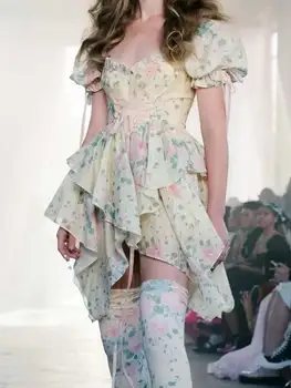 Женское мини-платье с цветочным принтом в стиле бохо, с пышными рукавами, завязанными спереди, летнее платье-корсет в стиле ретро, платье нестандартной формы для женщин