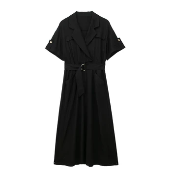 Черное льняное приталенное платье с коротким рукавом и воротником-блейзером, модное повседневное платье-рубашка с поясом